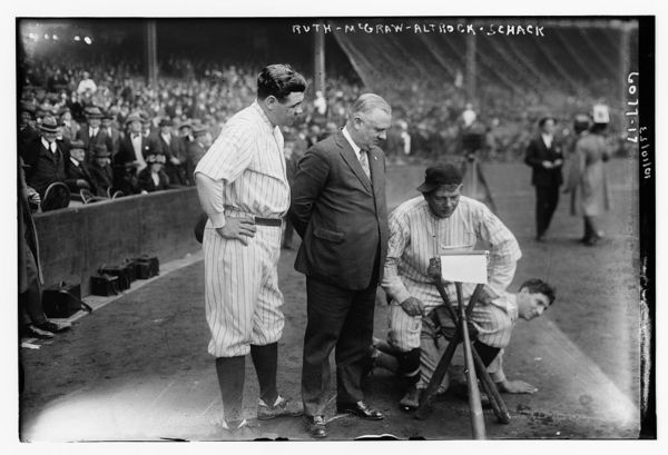 Babe Ruth, New York AL, John McGraw, Nick Altrock and Al Schact, Washington AL, 10/10/1923 (baseball)