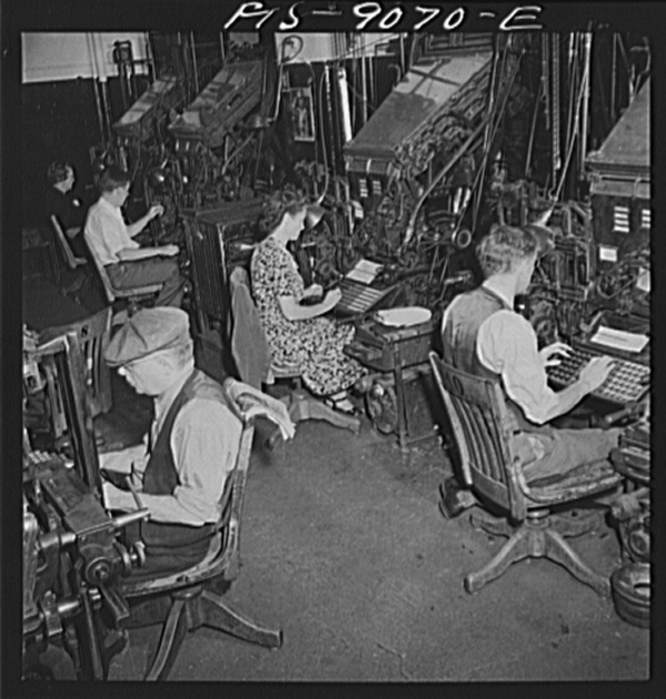 New York, New York. Composing room of the New York Times newspaper. Linotype operators